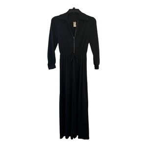 Black Rhinestone Sequined Teeth Zipper Jump Suit Double Knit Wide Leg 1970's